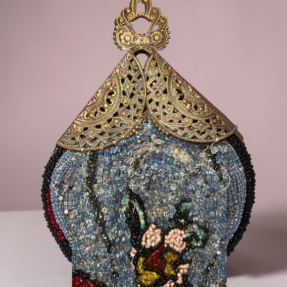 Antique 1920s Art Deco Micro Beaded Flapper Purse Floral Czech Glass Evening Bag - Picture 6 of 16